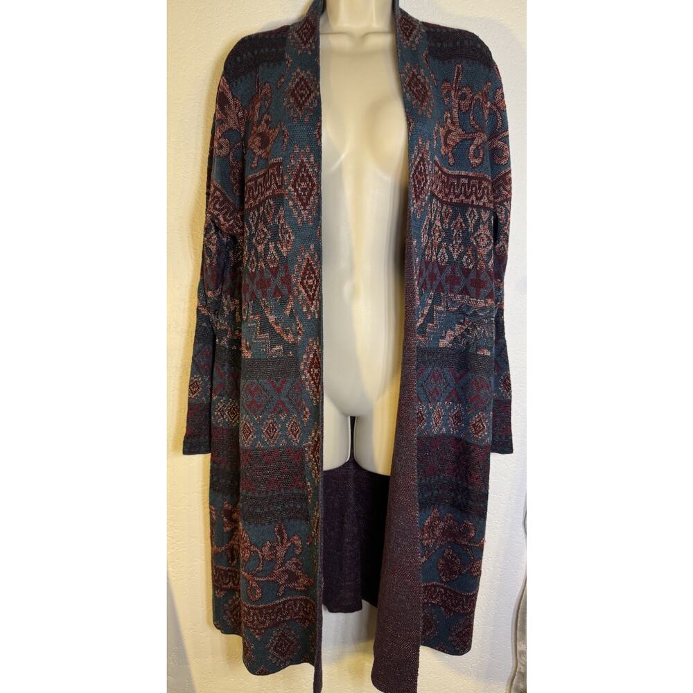Chicos Duster Cardigan Sz 3 Multi Color Aztec Metallic Open Front Sweater jacket - Picture 6 of 9